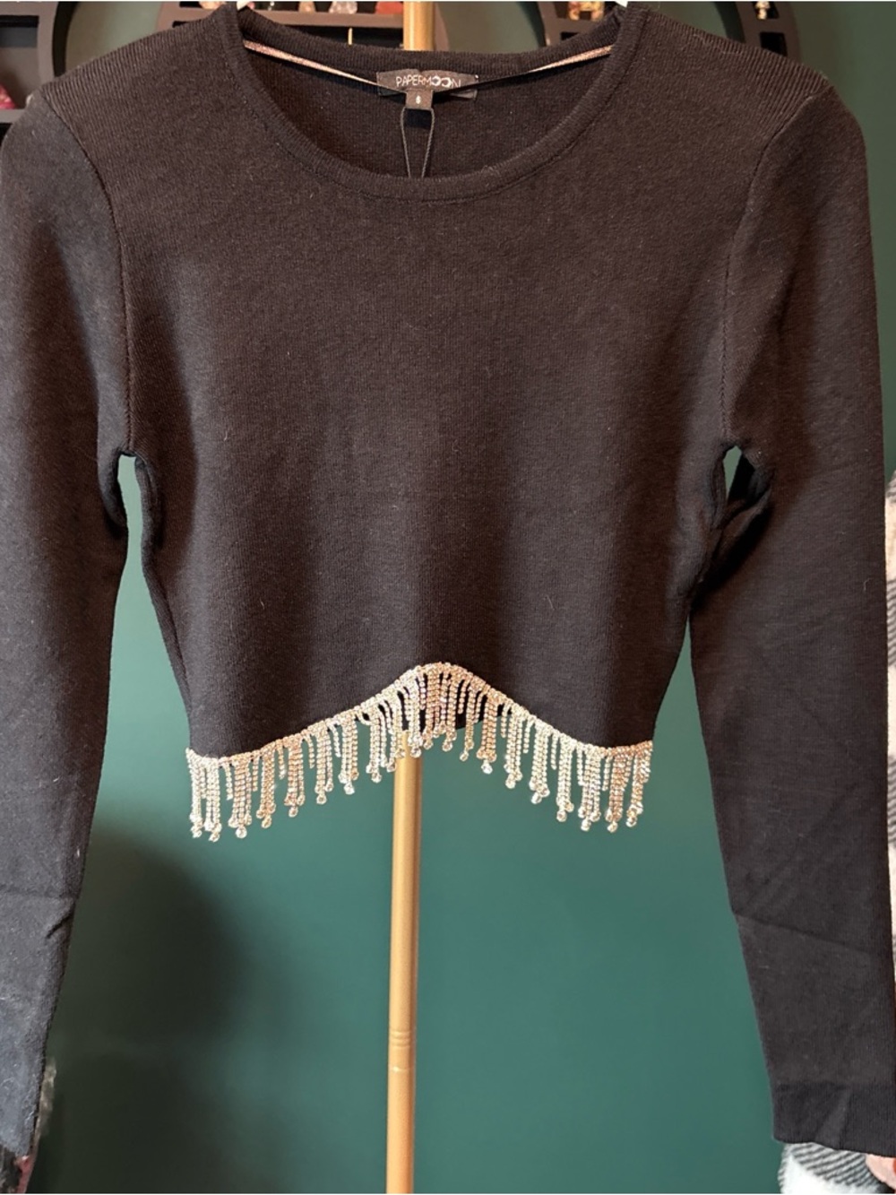 Papermoon Black Cropped Long-Sleeve Top with Crystal Fringe Hem